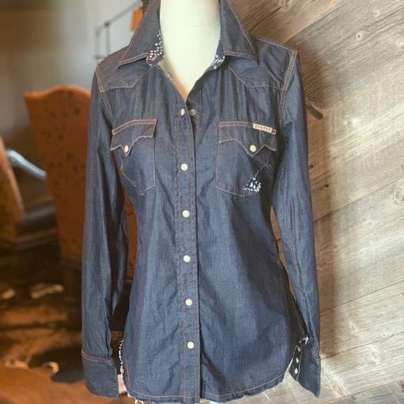 Lucky Brand Denim Western Pearl Snap Shirt Size S - Picture 2 of 9